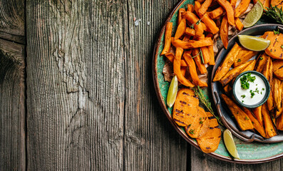 Sweet potatoes fries with lime and herbs yogurt sauce. banner, menu, recipe place for text, top view