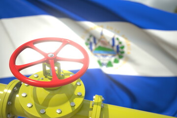 Gas or oil pipe valve and flag of El Salvador. Conceptual 3d rendering