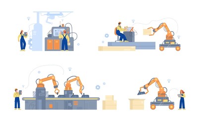 Workers work on in smart factory or warehouse flat vector illustration isolated.