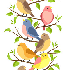 Seamless pattern with stylized birds sitting on branches. Image of birdie in simple style.