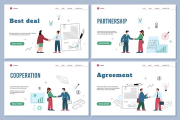 Hand shake agreement between men and women at office and businesses, flat vector set. Handshake website banner page.