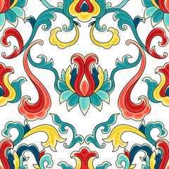 Chinese traditional ceramic ornament seamless pattern. Oriental traditional floral porcelain pottery ornament.