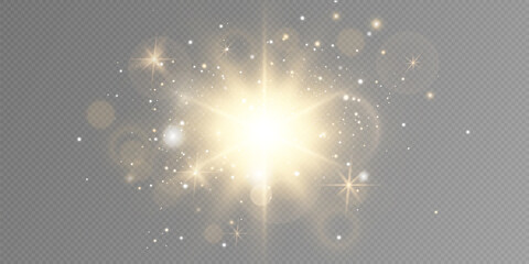 Shining golden stars isolated on black background. Effects, glare, lines, glitter, explosion, golden light. Vector illustration