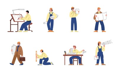 Architect and builder working process, set of cartoon flat vector characters isolated on white background.
