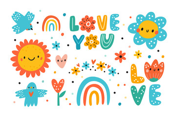 Cute lovely set with sun, birds, heart, rainbow and flowers. Summer collection. Love hand drawn lettering. Design elements with kind sticker characters for kids. Cartoon vector illustration isolated