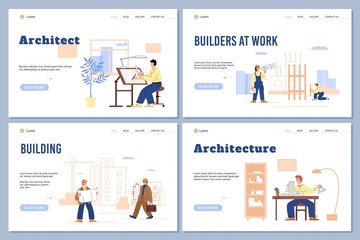 Architecture and building works web banner mockups, flat vector illustration.