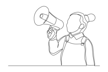 Continuous single one line art drawing of little girl kids scream and holding megaphone vector illustration