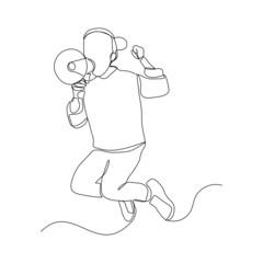 Continuous single one line art drawing of little girl kids scream and holding megaphone vector illustration