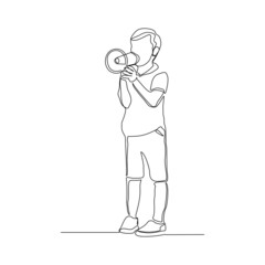 Continuous single one line art drawing of little boy kids scream and holding megaphone vector illustration