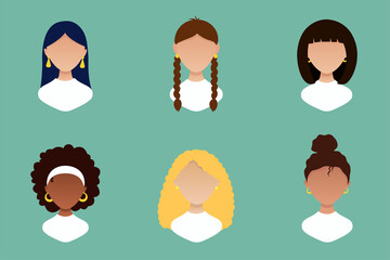 Set of six young women of different races cartoon female characters
