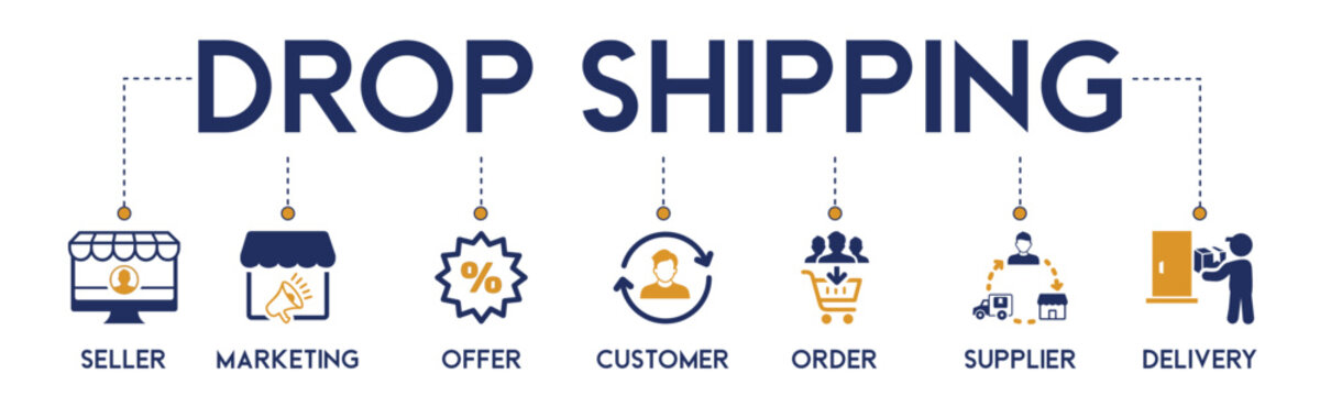 drop shipping business concept - vector graphic template. Design elements for web and print icon illustration with seller, marketing, offer, customer, order, supplier and delivery.