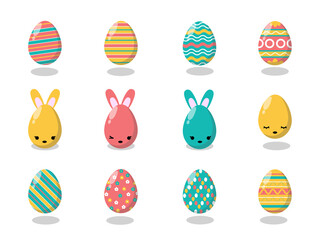 Collection of bunny easter egg element. Different pattern of cute rabbit, chick, heart shape for decorative egg. Adorable animal character design suitable for decoration, celebration, kids, element.
