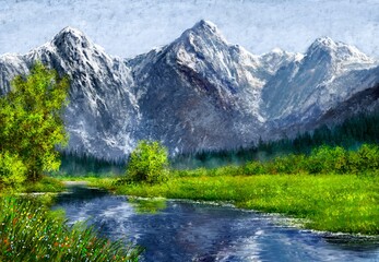 Oil paintings landscape with lake and mountains. Fine art - obrazy, fototapety, plakaty