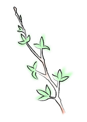 Spring twig with budding buds. The first leaves. Vector illustration in soft pastel colors, sketch effect on top of watercolor. Design for greeting cards, invitations, flyers and more.