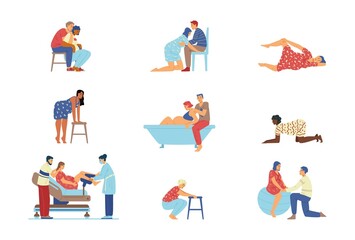 Childbirth positions of women during labor, flat vector illustration isolated.