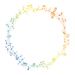 rainbow vector sheet music round frame - musical notes melody on white background	