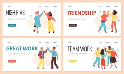 Friends and colleagues greeting each other, landing page template - flat vector illustration.