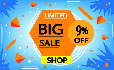 Sale discount banner in blue and orange. 9% off, advertising promotion banner. Creative background, graphic design elements. Special offer.