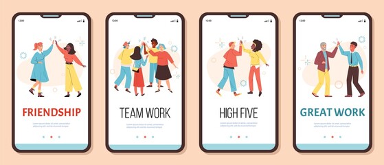 People greet each other with high five, friends and colleagues - onboarding screens template flat vector illustration.