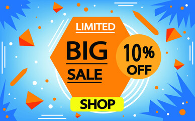 Sale discount banner in blue and orange. 10% off, advertising promotion banner. Creative background, graphic design elements. Special offer.