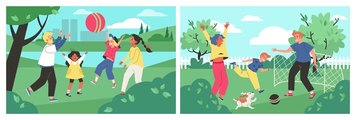 Banners with family play active sport games outdoors, flat vector illustration.