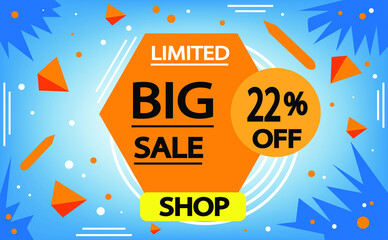 Sale discount banner in blue and orange. 22% off, advertising promotion banner. Creative background, graphic design elements. Special offer.