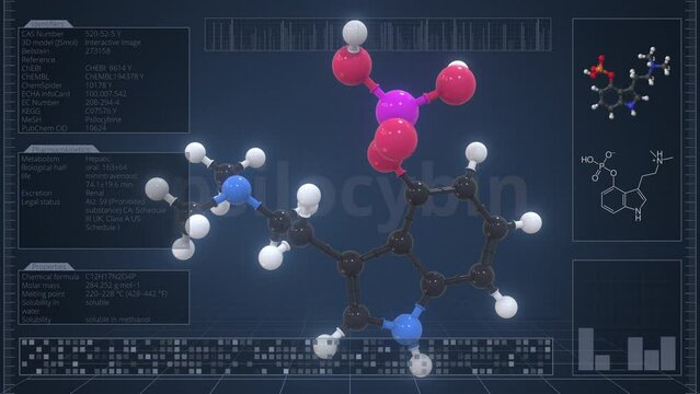 Overview of the molecule of psilocybin on the computer screen. Loopable 3d animation