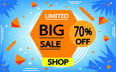 Sale discount banner in blue and orange. 70% off, advertising promotion banner. Creative background, graphic design elements. Special offer.