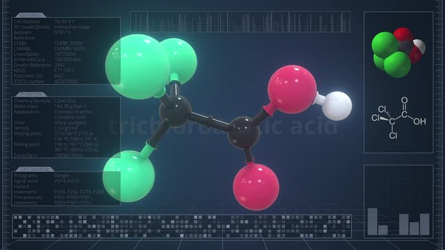 Molecule of trichloroacetic acid with infographics on the computer monitor, loopable 3d animation