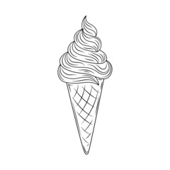 Beautiful vector hand drawn waffle cone with ice cream Illustration. Detailed retro style image. Vintage sketch element for labels, packaging and cards design. Modern background.