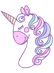 Cute unicorn head icon with colorful mane.Cartoon style vector illustration isolated on white background..Suitable for nursery and post card design and svg for cricut