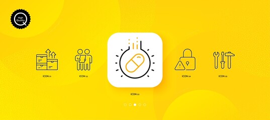 Fototapeta na wymiar Lock, Survey and Spanner tool minimal line icons. Yellow abstract background. Wholesale goods, Capsule pill icons. For web, application, printing. Vector