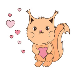 Squirrel and hearts isolate. Vector illustration of a character in love.