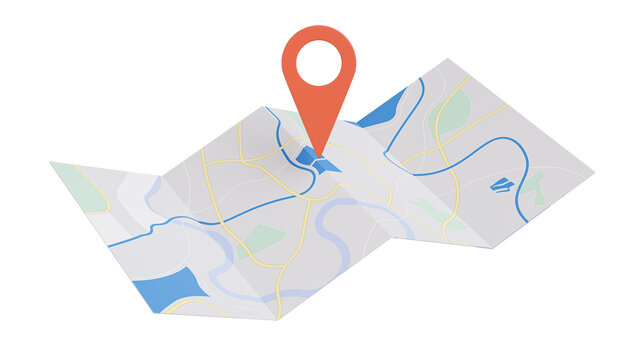 3d render of paper map with location icon.