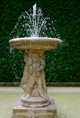 kamienna fontanna ogorodowa i cherubiny,  beautiful fountain in the garden, water gushing from the...
