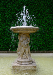 kamienna fontanna ogorodowa i cherubiny, beautiful fountain in the garden, water gushing from the garden fountain  © kateej