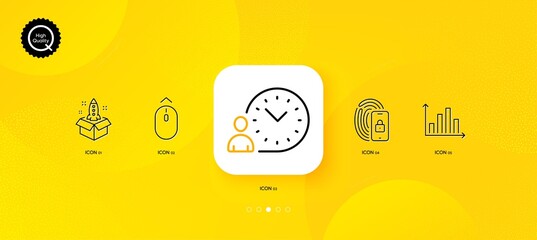 Fototapeta na wymiar Startup, Lock and Diagram graph minimal line icons. Yellow abstract background. Time management, Swipe up icons. For web, application, printing. Innovation, Biometric lock, Presentation chart. Vector