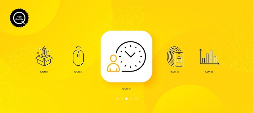 Startup, Lock and Diagram graph minimal line icons. Yellow abstract background. Time management, Swipe up icons. For web, application, printing. Innovation, Biometric lock, Presentation chart. Vector