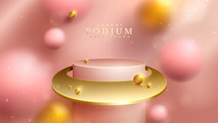 Pink podium in golden 3d ball element and blur effect decoration and glitter light and bokeh.