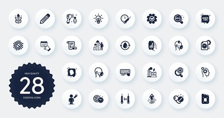 Set of Science icons, such as Canister oil, Employee results and Time management flat icons. Cogwheel, Cold-pressed oil, Pencil web elements. Thoughts, Fireworks, Coronavirus research signs. Vector