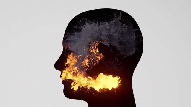 Human Head with Fire Exploding Inside, seamless motion. Concept of human creativity, ideas, anger, emotions