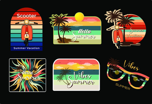 Set of Summer retro design with sun, coconut tree and scooter illustration