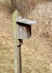 The old wood box birdhouse in the field on a sunny day.