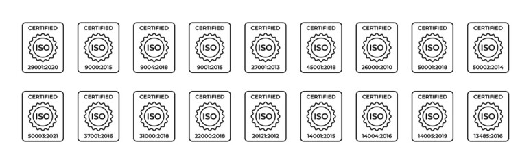 Obraz premium Certified ISO symbol. Standardization in the field of information security, quality management systems, as well as labor protection and others. Set of linear icons. Vector illustration.