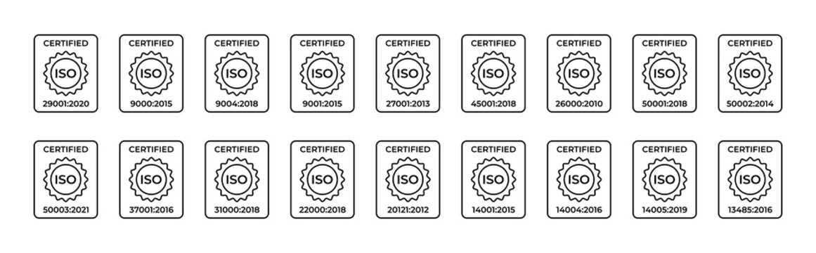 Certified ISO symbol. Standardization in the field of information security, quality management systems, as well as labor protection and others. Set of linear icons. Vector illustration.