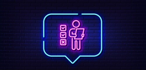 Neon light speech bubble. Voting ballot paper line icon. Vote checklist sign. Public election symbol. Neon light background. Voting ballot glow line. Brick wall banner. Vector