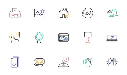Full rotation, Alarm sound and Journey line icons for website, printing. Collection of Loan house, Certificate, Interview icons. Handout, Seo statistics, Food delivery web elements. Vector