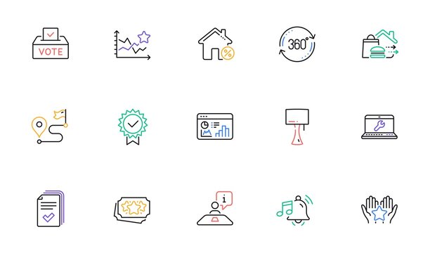 Full rotation, Alarm sound and Journey line icons for website, printing. Collection of Loan house, Certificate, Interview icons. Handout, Seo statistics, Food delivery web elements. Vector