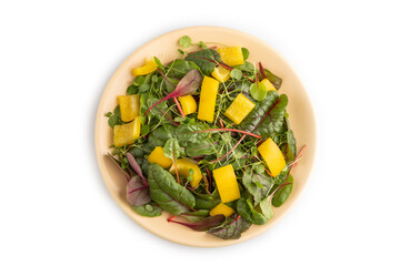 Vegetarian salad of yellow pepper, beet microgreen sprouts isolated on white. Top view, close up.