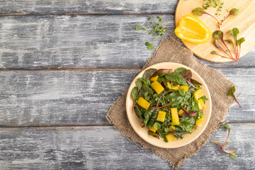 Vegetarian salad of yellow pepper, beet microgreen sprouts on gray. Top view, copy space.